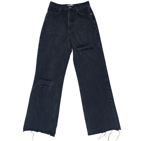 ZARA Jeans Women 4 Black High Rise Wide Leg Raw Hem Distressed Relaxed Fit Denim - Picture 1 of 15
